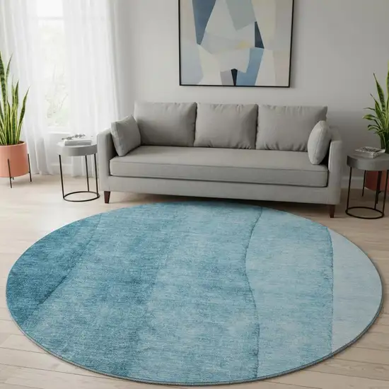 8' Teal And Ivory Ombre Washable Round Rug With UV Protection Photo 2
