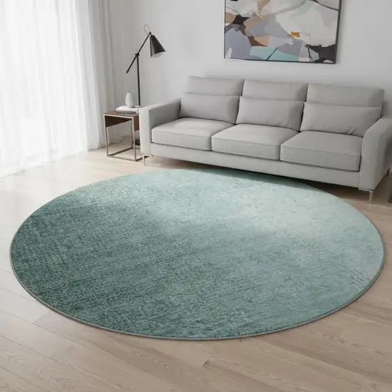 8' Teal And Ivory Ombre Washable Round Rug With UV Protection Photo 2