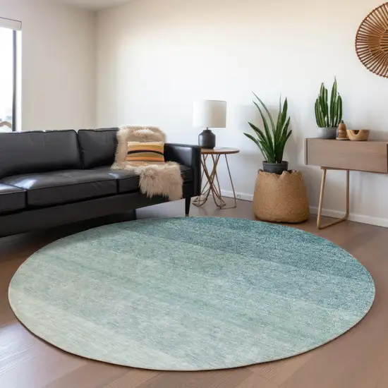 8' Teal And Ivory Ombre Washable Round Rug With UV Protection Photo 4