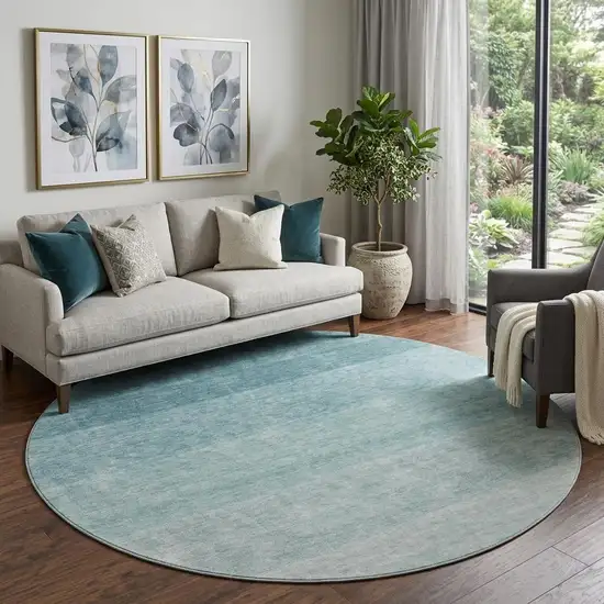 8' Teal And Ivory Ombre Washable Round Rug With UV Protection Photo 1