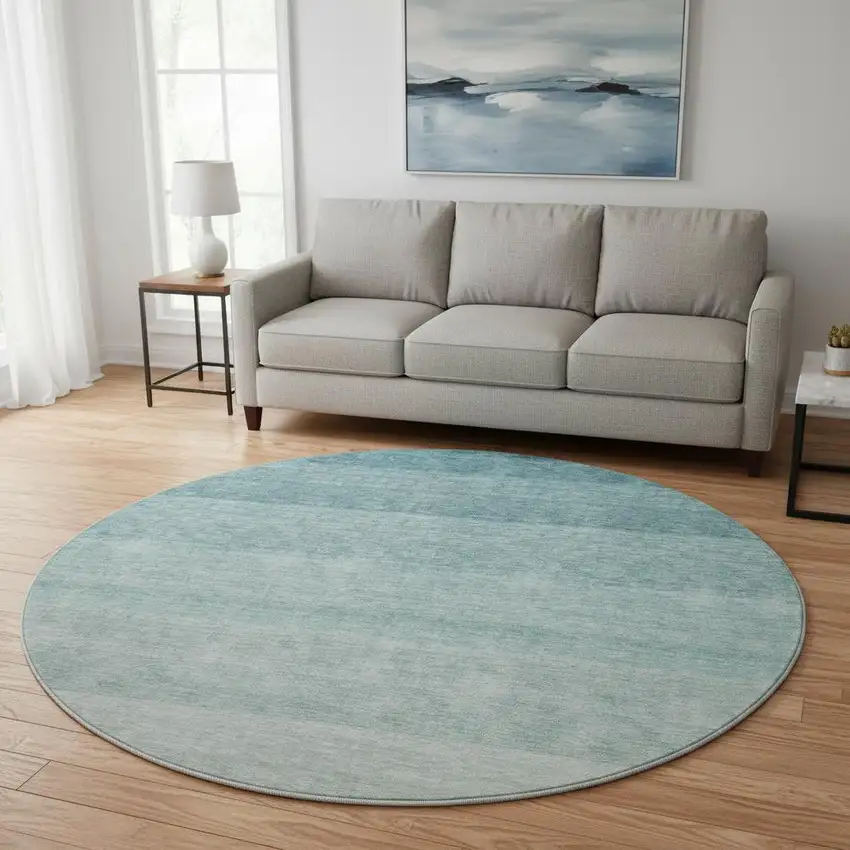 8' Teal And Ivory Ombre Washable Round Rug With UV Protection Photo 2