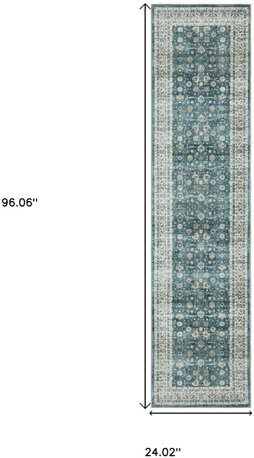8' Teal And Ivory Oriental Distressed Runner Rug Photo 3