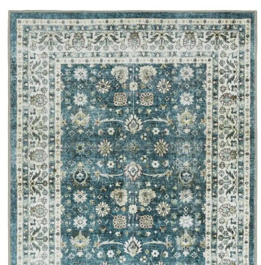 8' Teal And Ivory Oriental Distressed Runner Rug Photo 4