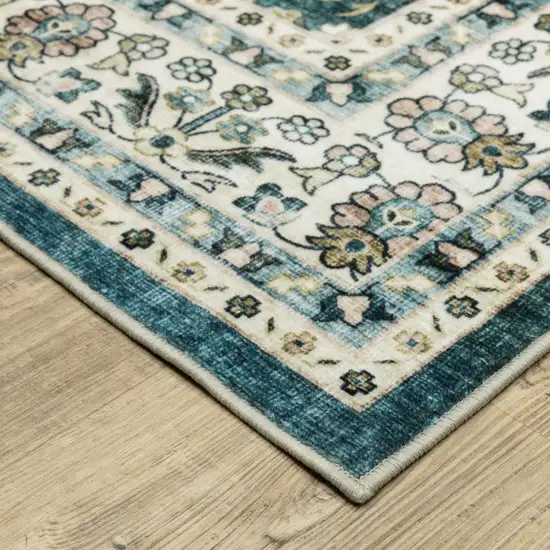 8' Teal And Ivory Oriental Distressed Runner Rug Photo 9