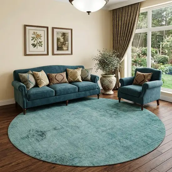 8' Teal And Ivory Oriental Washable Round Rug With UV Protection Photo 1