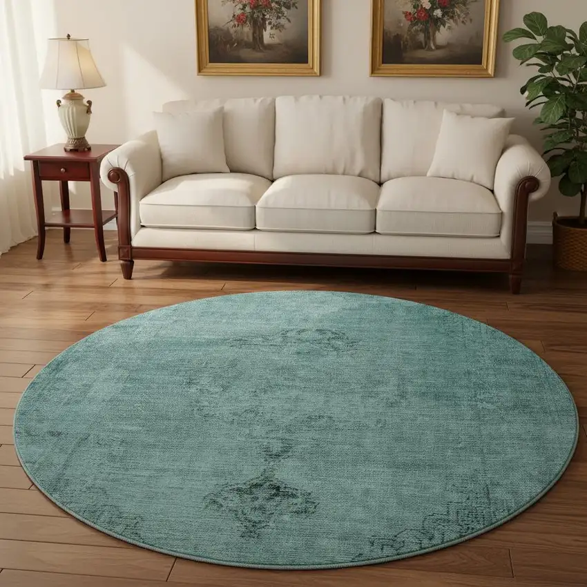 8' Teal And Ivory Oriental Washable Round Rug With UV Protection Photo 2