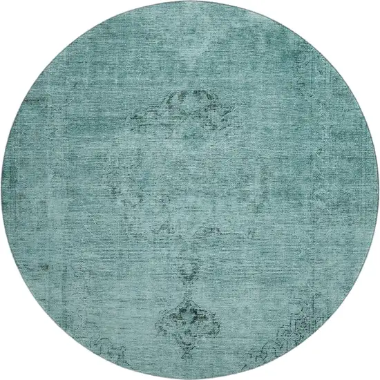 8' Teal And Ivory Oriental Washable Round Rug With UV Protection Photo 1