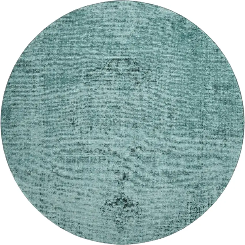 8' Teal And Ivory Oriental Washable Round Rug With UV Protection Photo 1