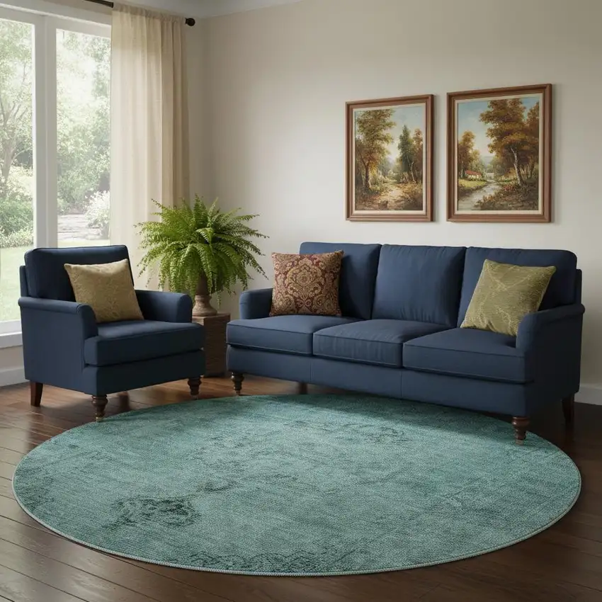 8' Teal And Ivory Oriental Washable Round Rug With UV Protection Photo 1