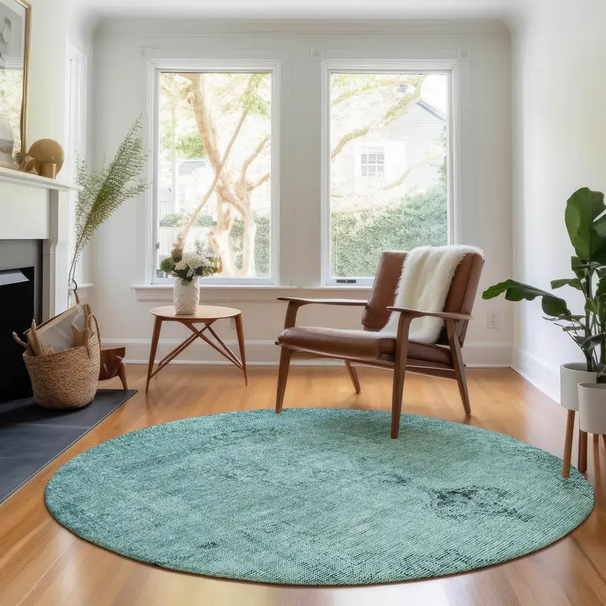 8' Teal And Ivory Oriental Washable Round Rug With UV Protection Photo 5