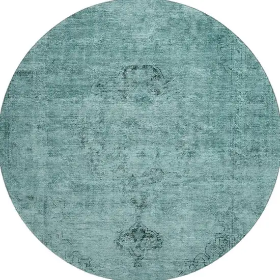 8' Teal And Ivory Oriental Washable Round Rug With UV Protection Photo 3