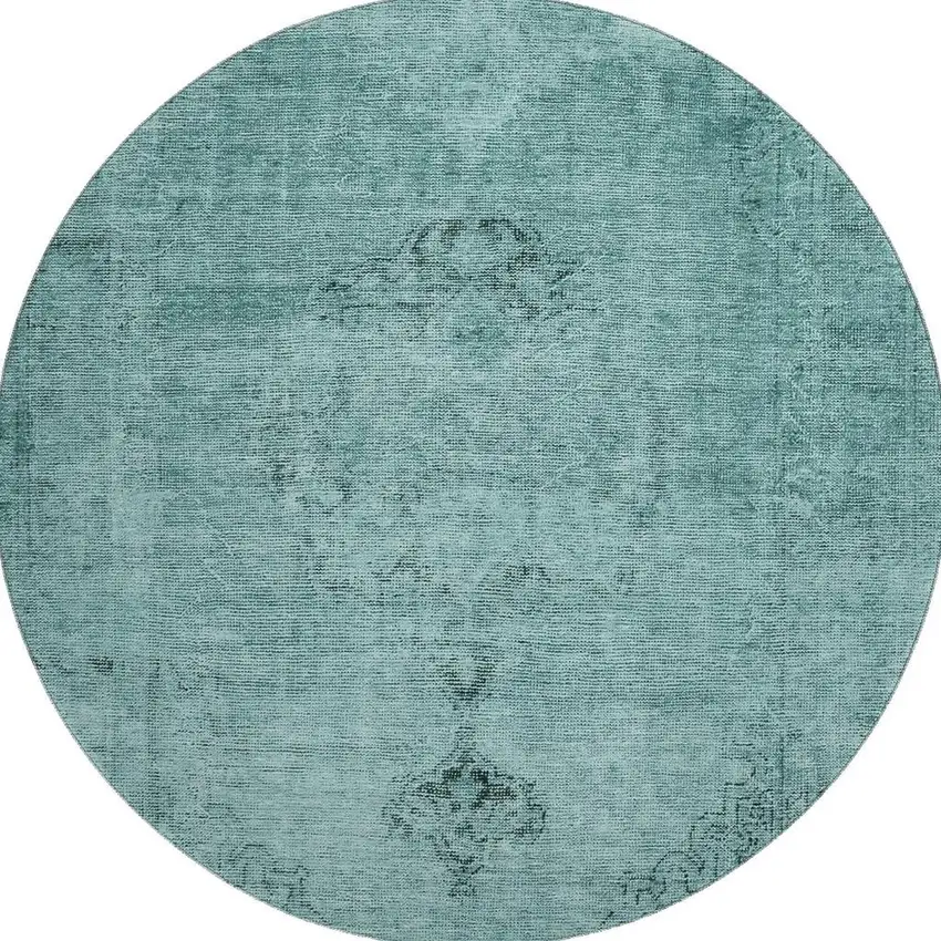 8' Teal And Ivory Oriental Washable Round Rug With UV Protection Photo 3