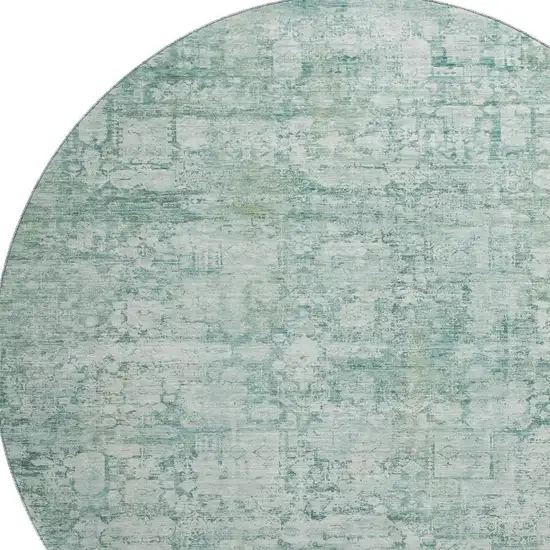 8' Teal And Ivory Oriental Washable Round Rug With UV Protection Photo 2
