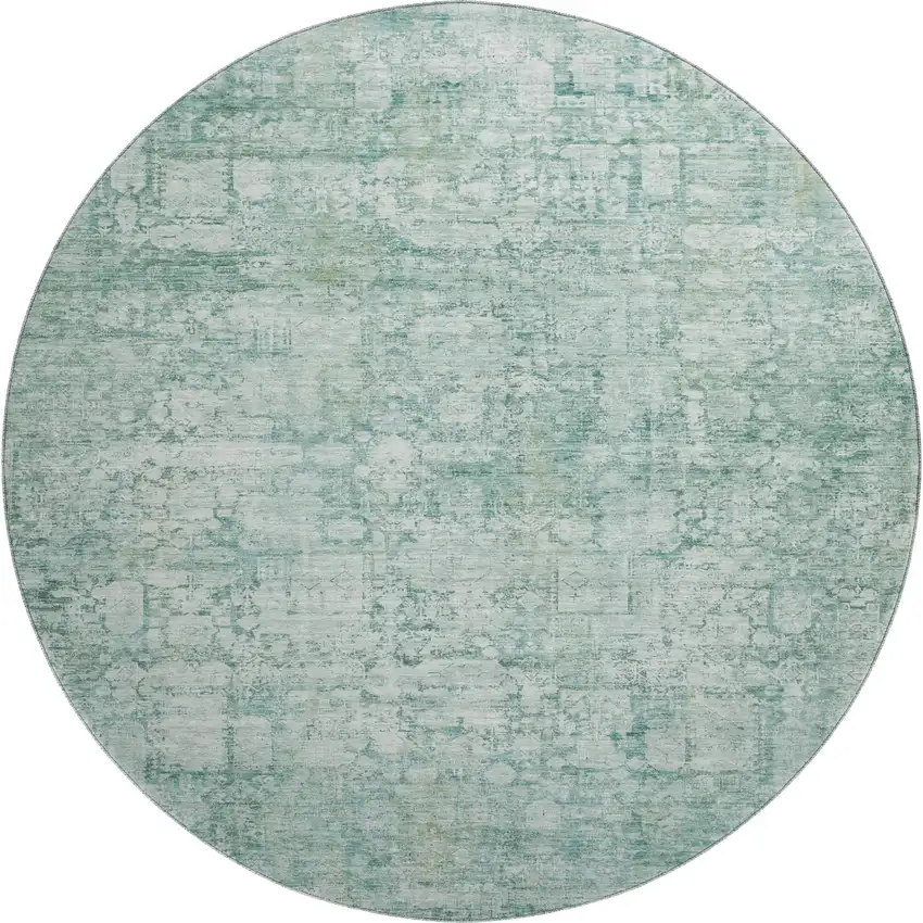 8' Teal And Ivory Oriental Washable Round Rug With UV Protection Photo 1