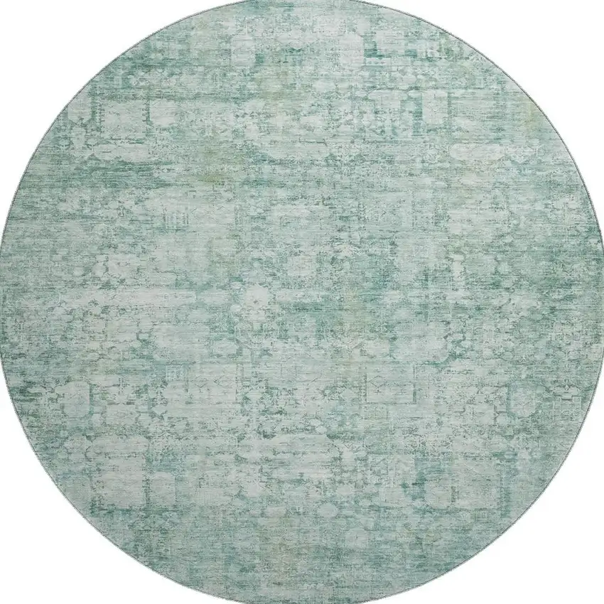 8' Teal And Ivory Oriental Washable Round Rug With UV Protection Photo 3