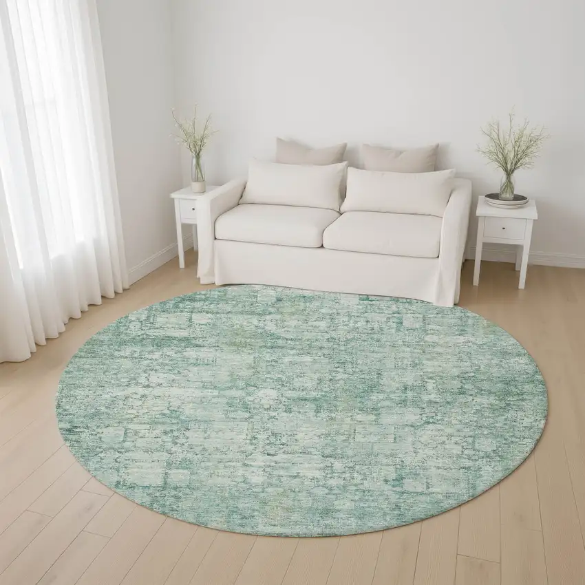 8' Teal And Ivory Oriental Washable Round Rug With UV Protection Photo 4