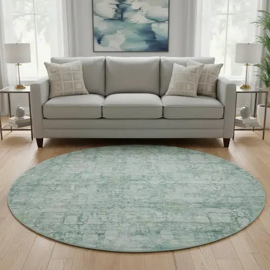 8' Teal And Ivory Oriental Washable Round Rug With UV Protection Photo 2