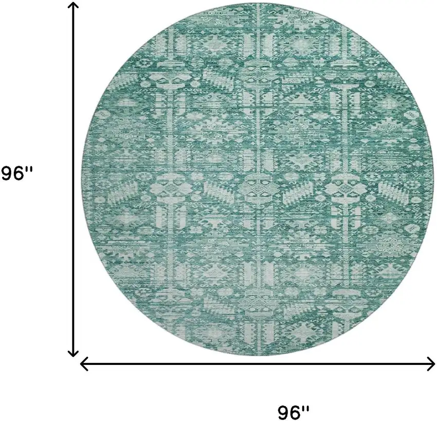 8' Teal And Ivory Oriental Washable Round Rug With UV Protection Photo 9