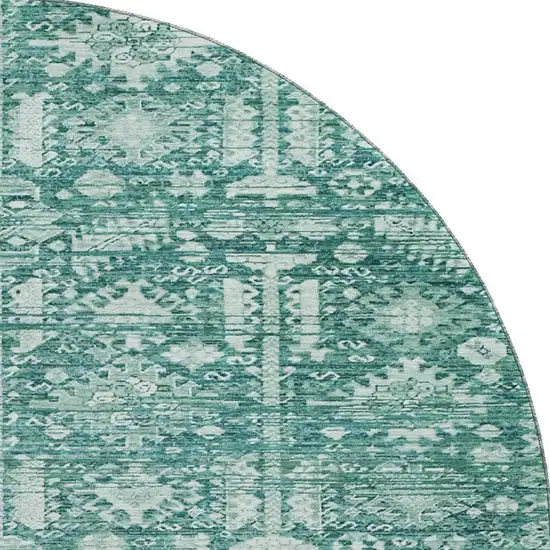 8' Teal And Ivory Oriental Washable Round Rug With UV Protection Photo 3