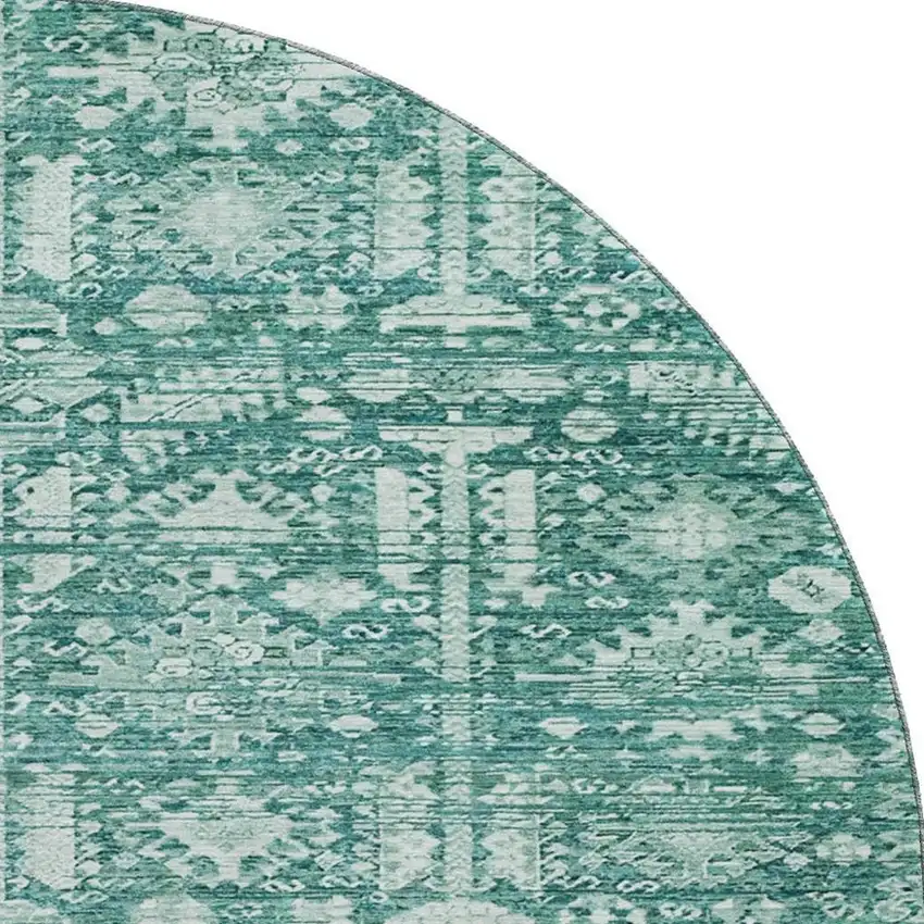 8' Teal And Ivory Oriental Washable Round Rug With UV Protection Photo 3
