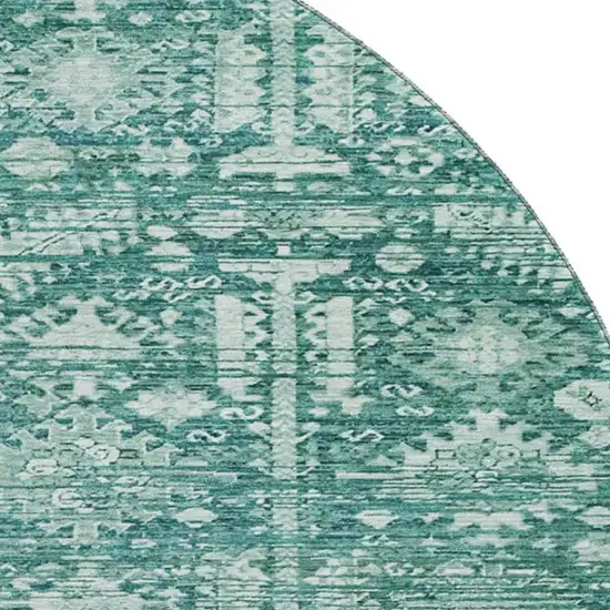 8' Teal And Ivory Oriental Washable Round Rug With UV Protection Photo 2