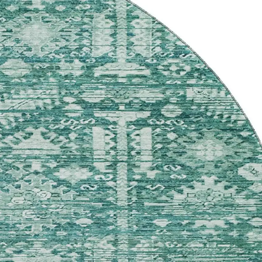 8' Teal And Ivory Oriental Washable Round Rug With UV Protection Photo 2