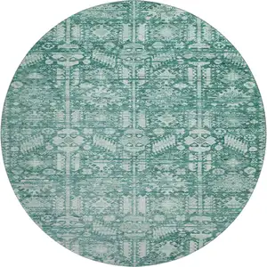 Photo of 8' Teal And Ivory Oriental Washable Round Rug With UV Protection