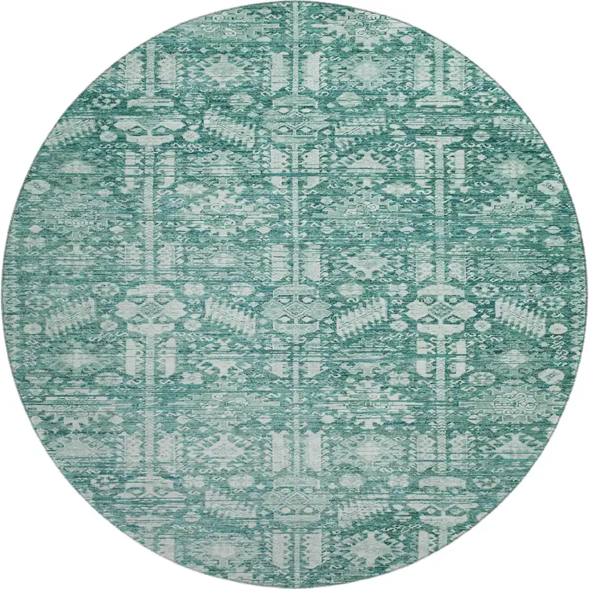 8' Teal And Ivory Oriental Washable Round Rug With UV Protection Photo 1