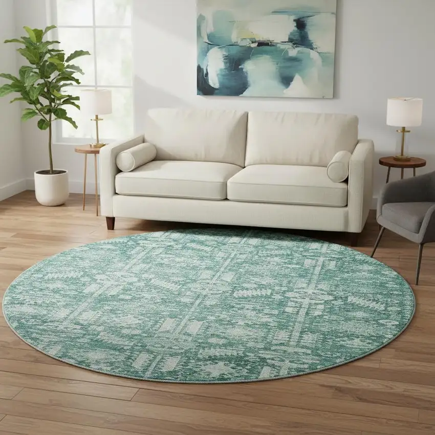 8' Teal And Ivory Oriental Washable Round Rug With UV Protection Photo 2