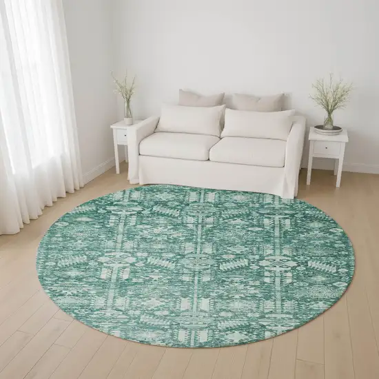 8' Teal And Ivory Oriental Washable Round Rug With UV Protection Photo 4