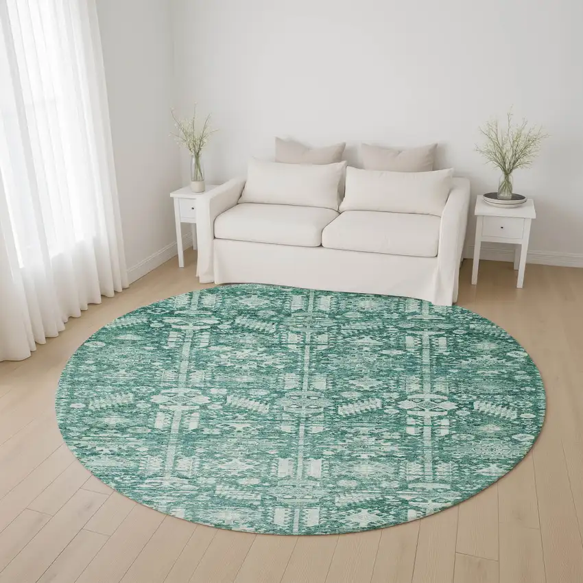 8' Teal And Ivory Oriental Washable Round Rug With UV Protection Photo 4