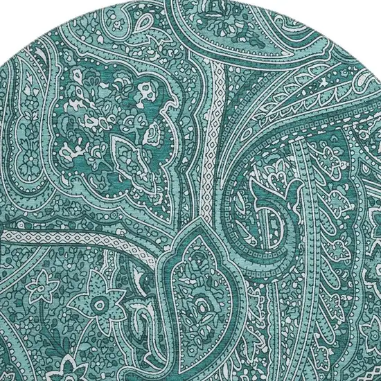 8' Teal And Ivory Paisley Washable Round Rug With UV Protection Photo 4