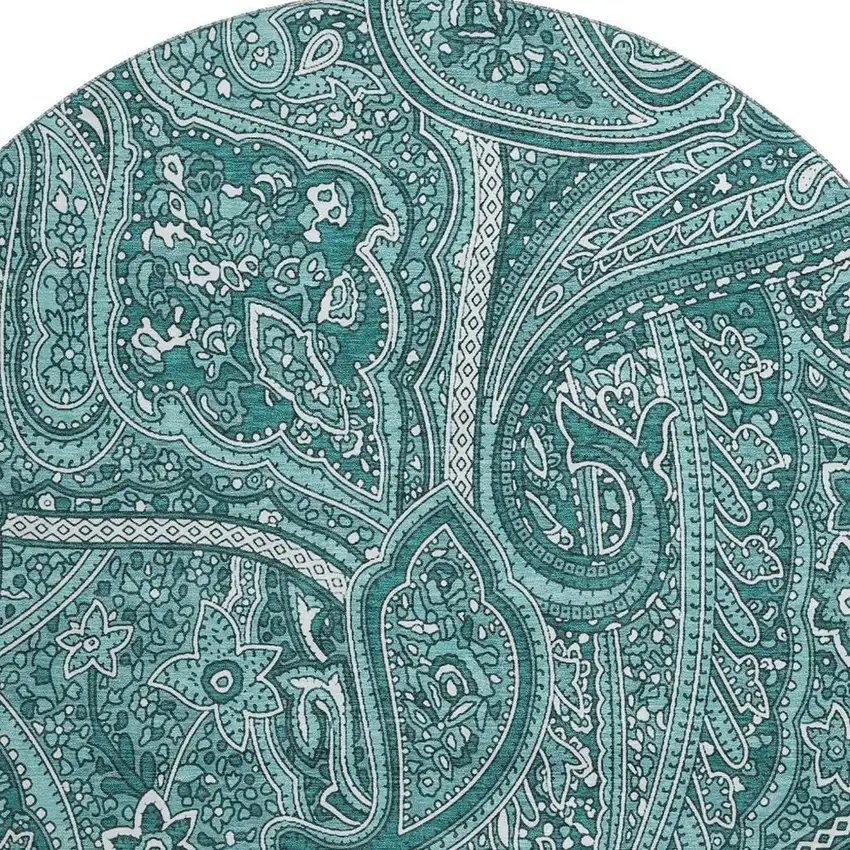 8' Teal And Ivory Paisley Washable Round Rug With UV Protection Photo 4