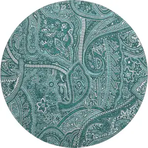 Photo of 8' Teal And Ivory Paisley Washable Round Rug With UV Protection