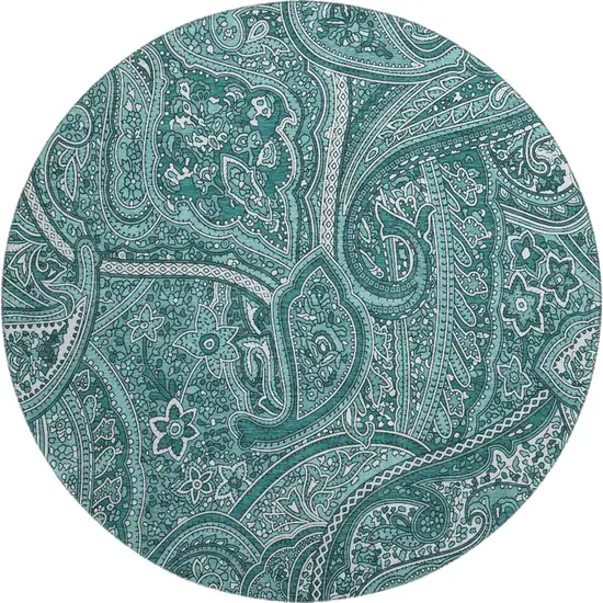 8' Teal And Ivory Paisley Washable Round Rug With UV Protection Photo 1