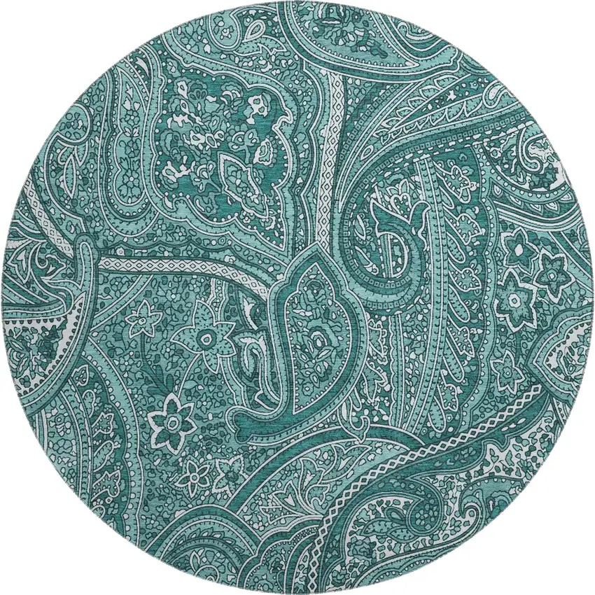 8' Teal And Ivory Paisley Washable Round Rug With UV Protection Photo 1