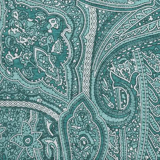 8' Teal And Ivory Paisley Washable Round Rug With UV Protection Photo 3