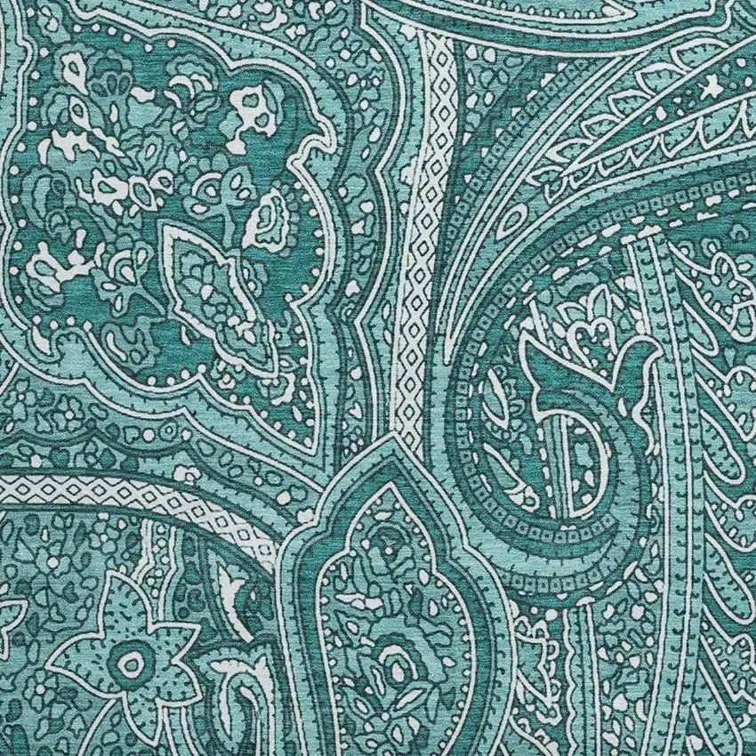 8' Teal And Ivory Paisley Washable Round Rug With UV Protection Photo 3
