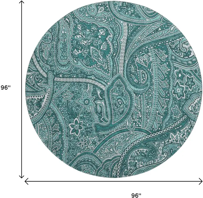 8' Teal And Ivory Paisley Washable Round Rug With UV Protection Photo 3