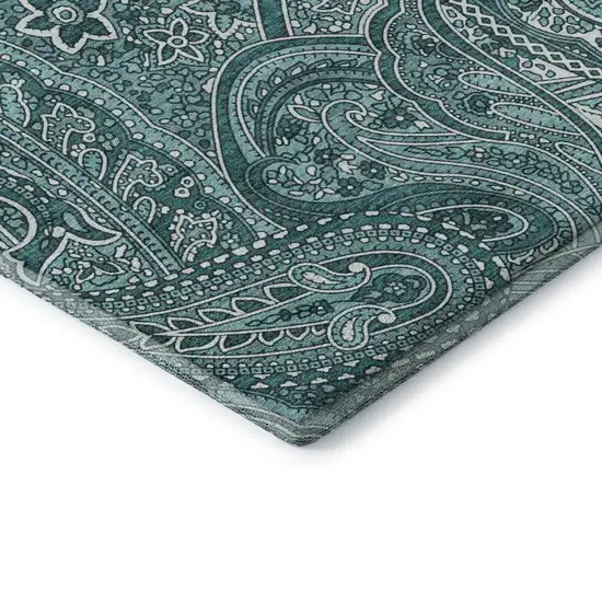 8' Teal And Ivory Paisley Washable Round Rug With UV Protection Photo 7