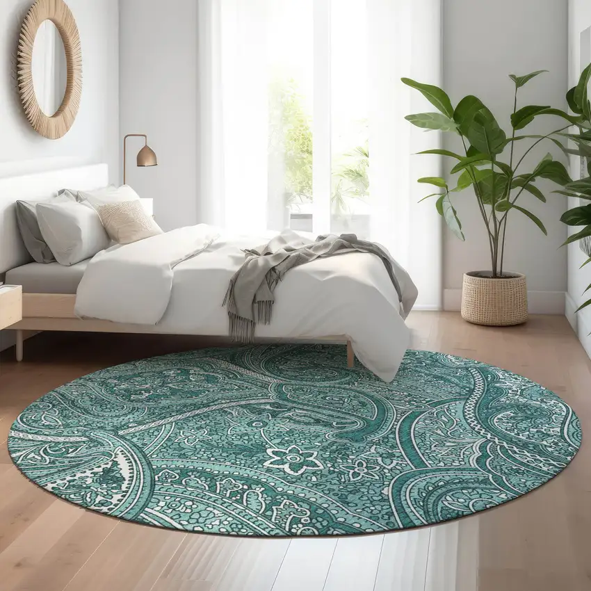 8' Teal And Ivory Paisley Washable Round Rug With UV Protection Photo 5