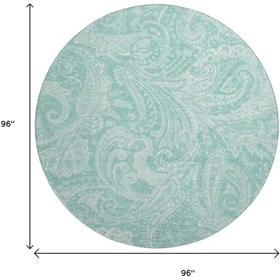 8' Teal And Ivory Paisley Washable Round Rug With UV Protection Photo 4