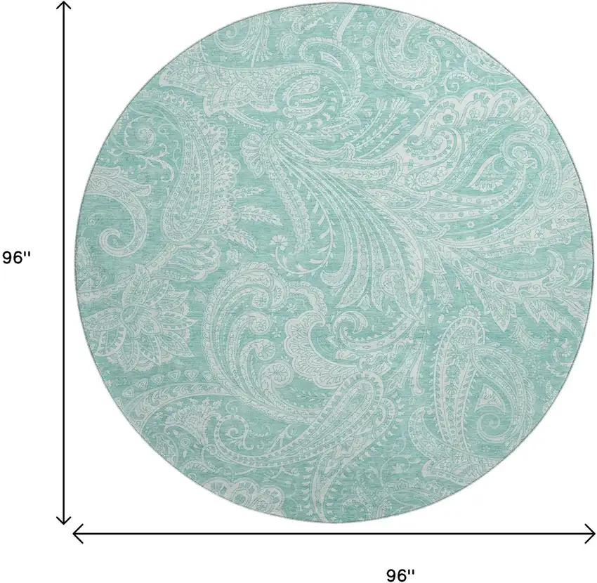 8' Teal And Ivory Paisley Washable Round Rug With UV Protection Photo 4