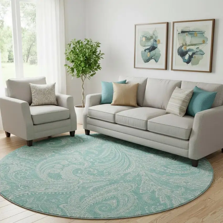 8' Teal And Ivory Paisley Washable Round Rug With UV Protection Photo 1