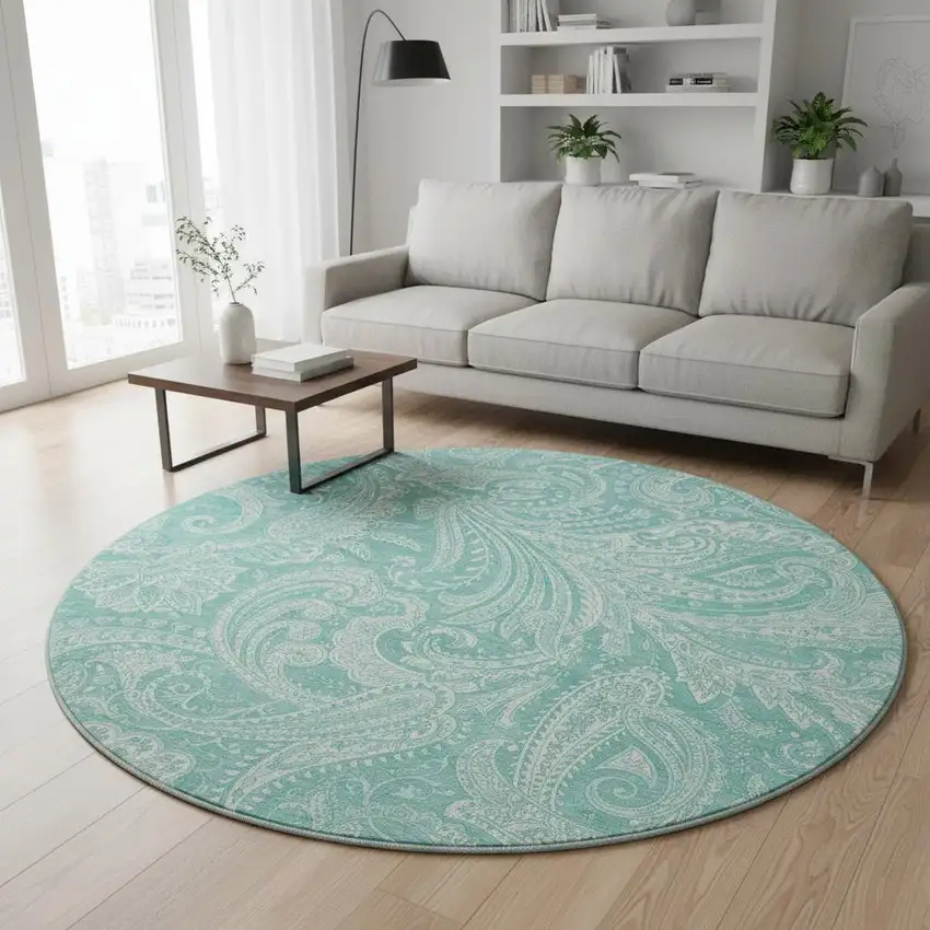 8' Teal And Ivory Paisley Washable Round Rug With UV Protection Photo 2