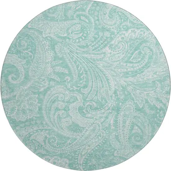 8' Teal And Ivory Paisley Washable Round Rug With UV Protection Photo 1