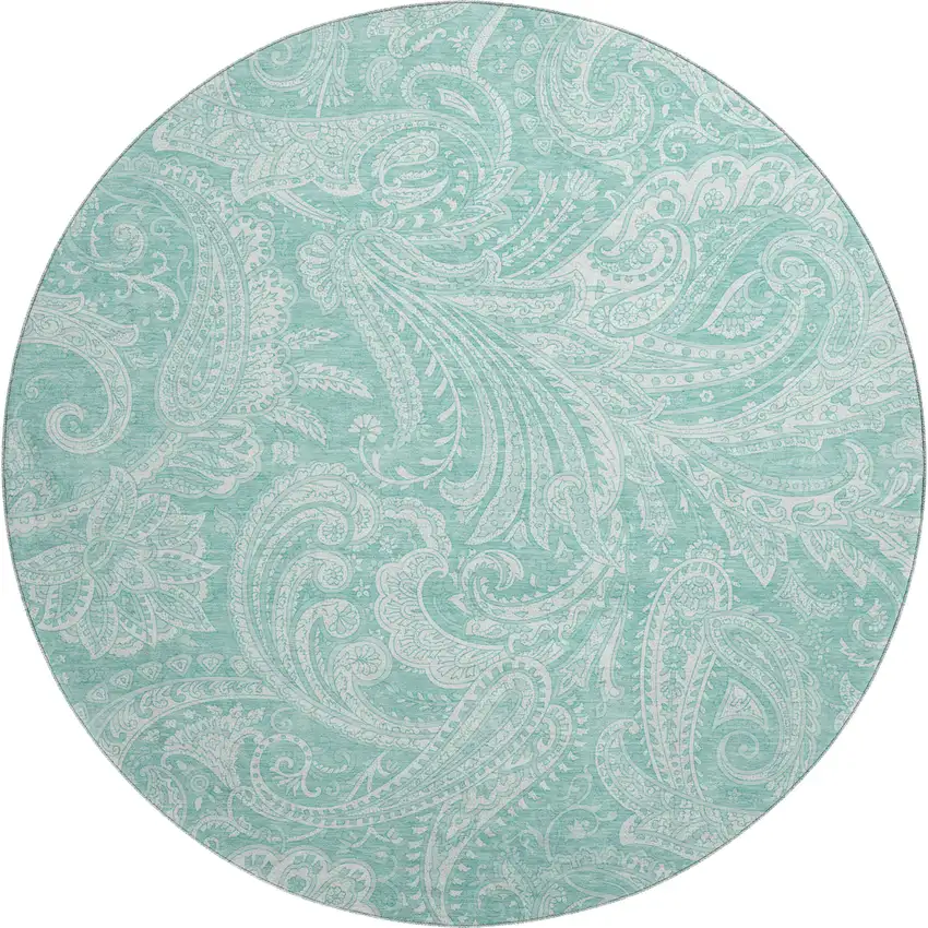 8' Teal And Ivory Paisley Washable Round Rug With UV Protection Photo 1