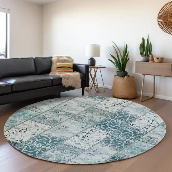 8' Teal And Ivory Patchwork Washable Round Rug With UV Protection Photo 4