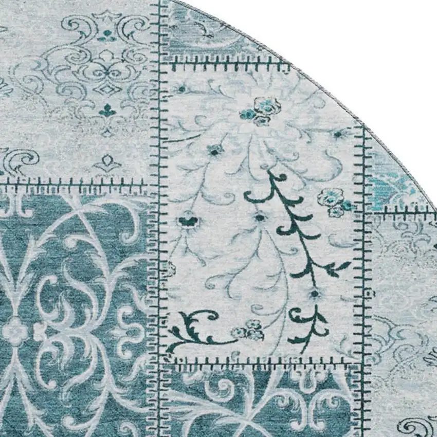 8' Teal And Ivory Patchwork Washable Round Rug With UV Protection Photo 2