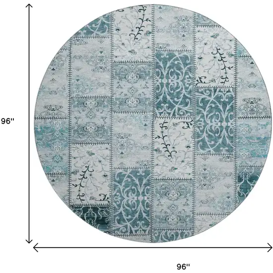 8' Teal And Ivory Patchwork Washable Round Rug With UV Protection Photo 9